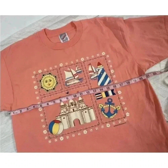 Endless Summer Beach Vintage 90’s T Shirt Sandcastle Sun Sailboat Peach size L - Picture 12 of 12